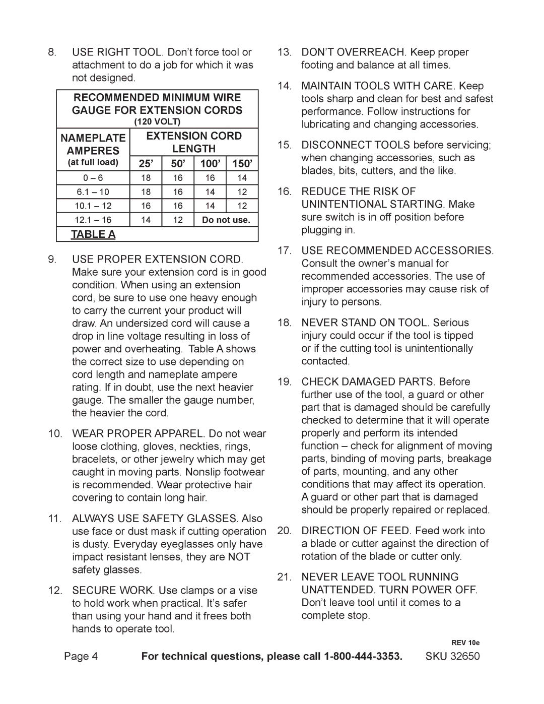 Harbor Freight Tools 32650 operating instructions 25’ 50’ 100’ 150’, Table a 