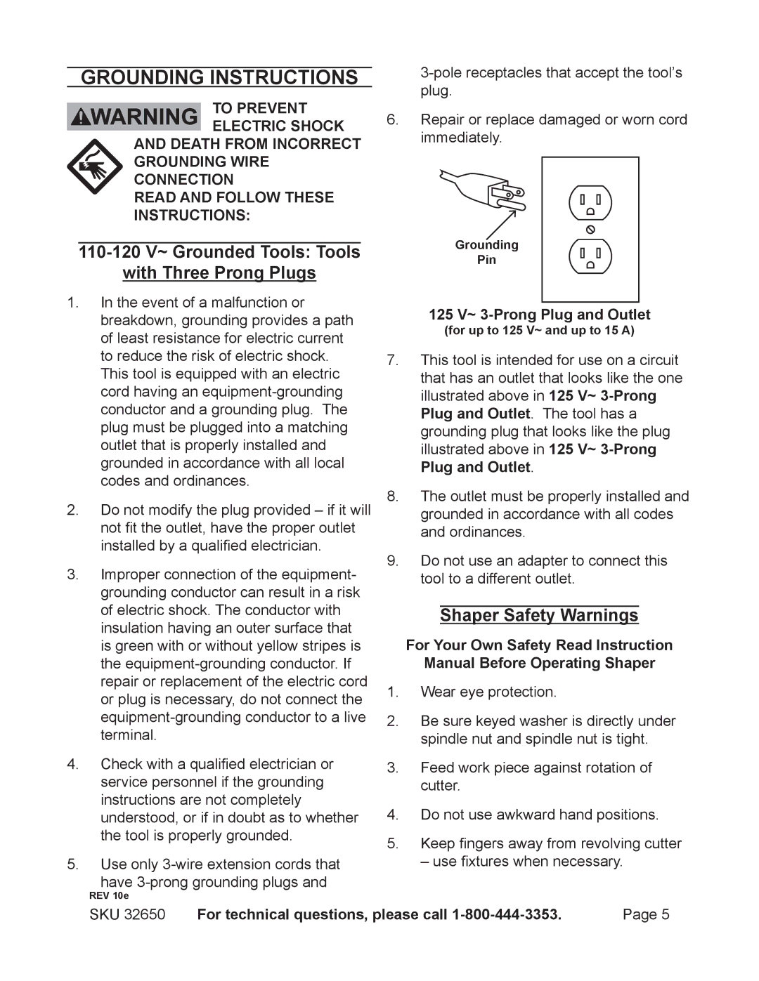 Harbor Freight Tools 32650 Grounding Instructions, 110-120 V~ Grounded Tools Tools With Three Prong Plugs 