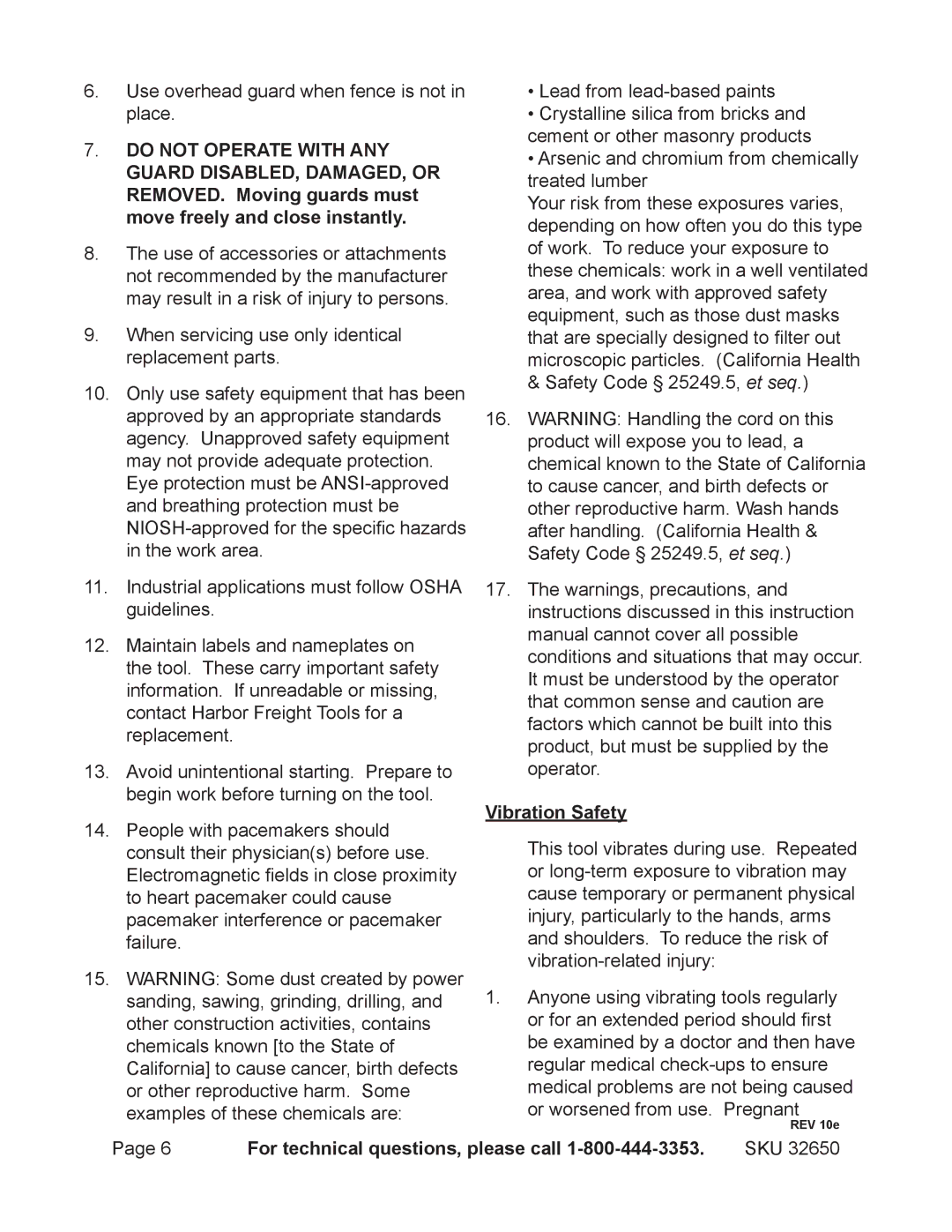 Harbor Freight Tools 32650 operating instructions Vibration Safety 