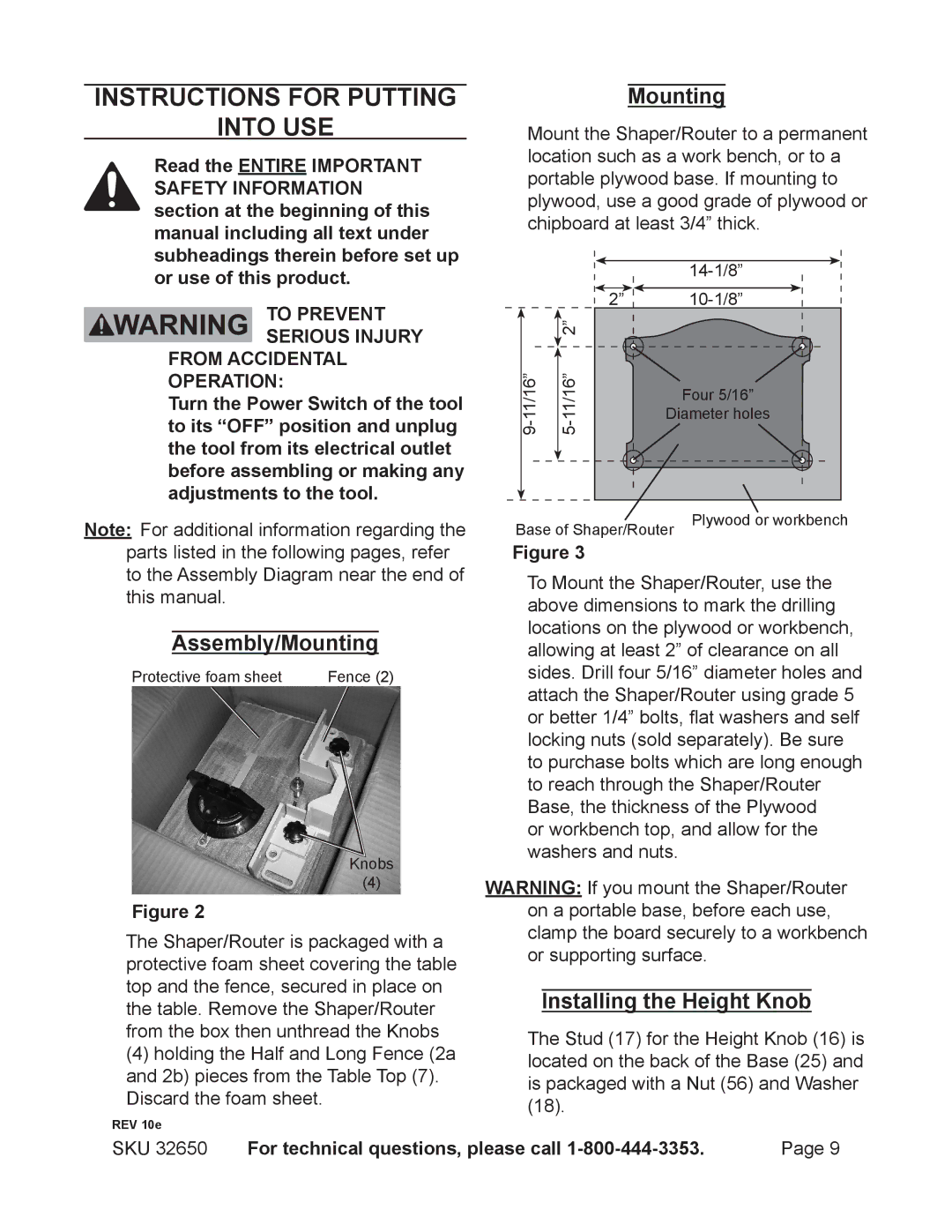 Harbor Freight Tools 32650 Instructions for putting Into use, Assembly/Mounting, Installing the Height Knob 