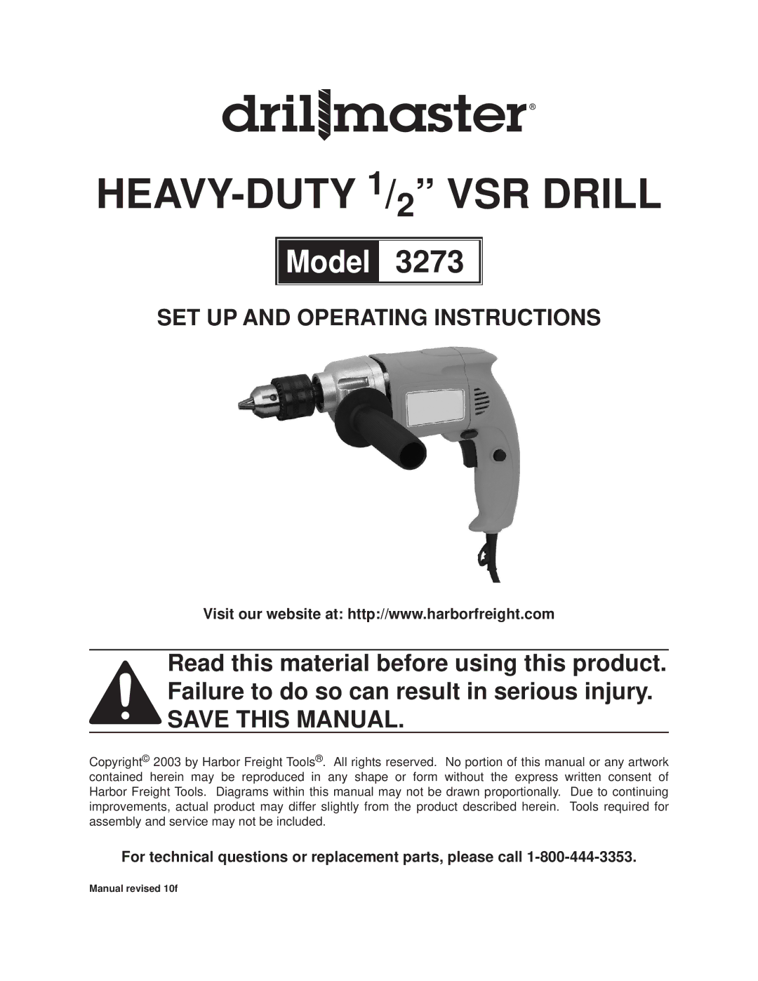 Harbor Freight Tools 3273 operating instructions Heavy-duty 1/2 VSR Drill 