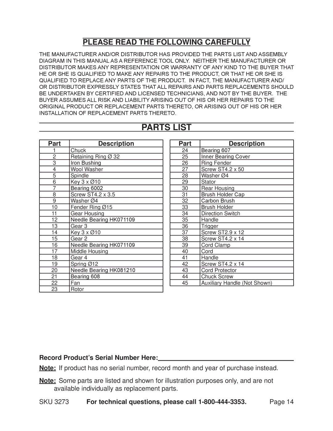 Harbor Freight Tools 3273 operating instructions Parts List, Part Description, Record Product’s Serial Number Here 