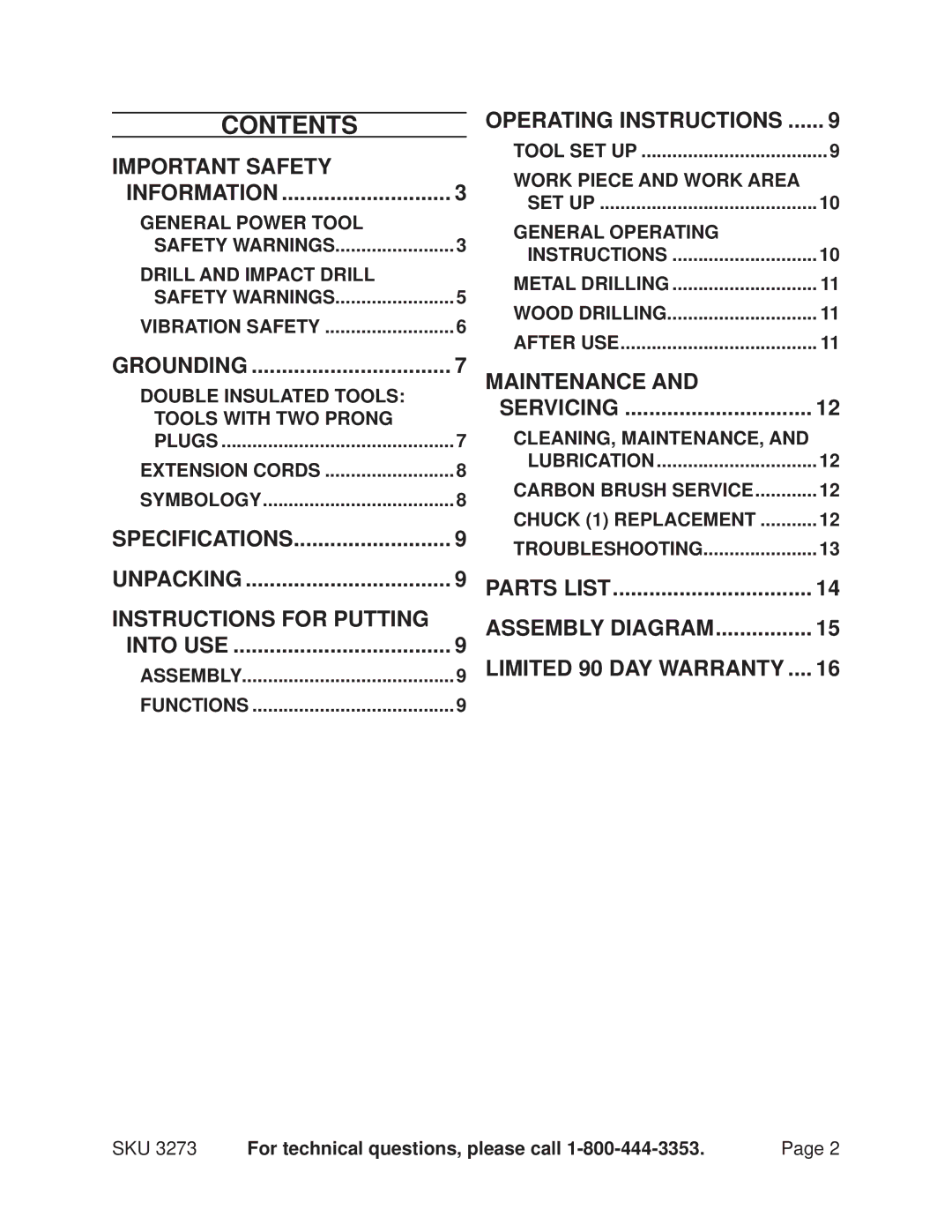 Harbor Freight Tools 3273 operating instructions Contents 