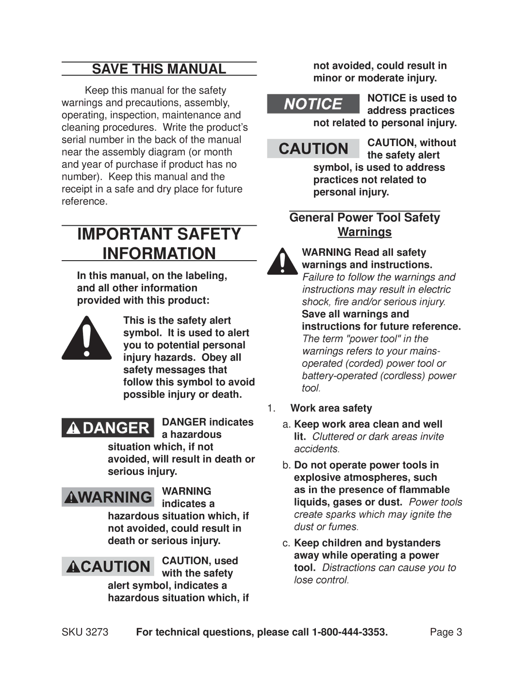 Harbor Freight Tools 3273 operating instructions Save This Manual, General Power Tool Safety 