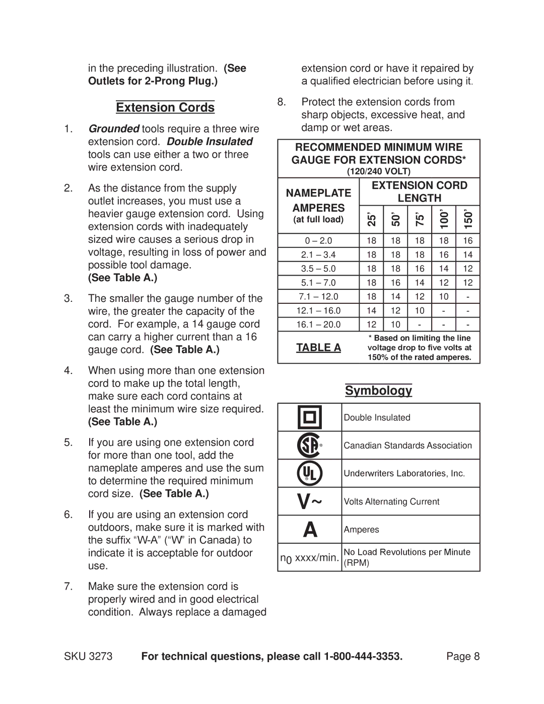 Harbor Freight Tools 3273 operating instructions Extension Cords, Symbology, See Table a, 25’ 50’ 75’ 