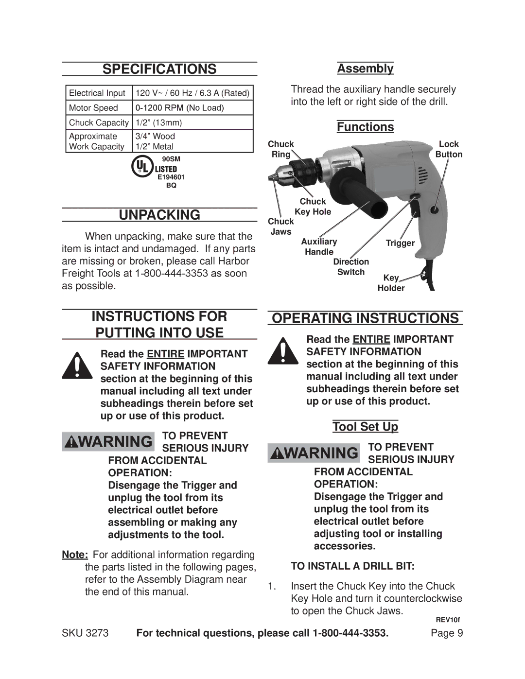 Harbor Freight Tools 3273 SpecificationsAssembly, Unpacking, Instructions for putting into use, Operating Instructions 