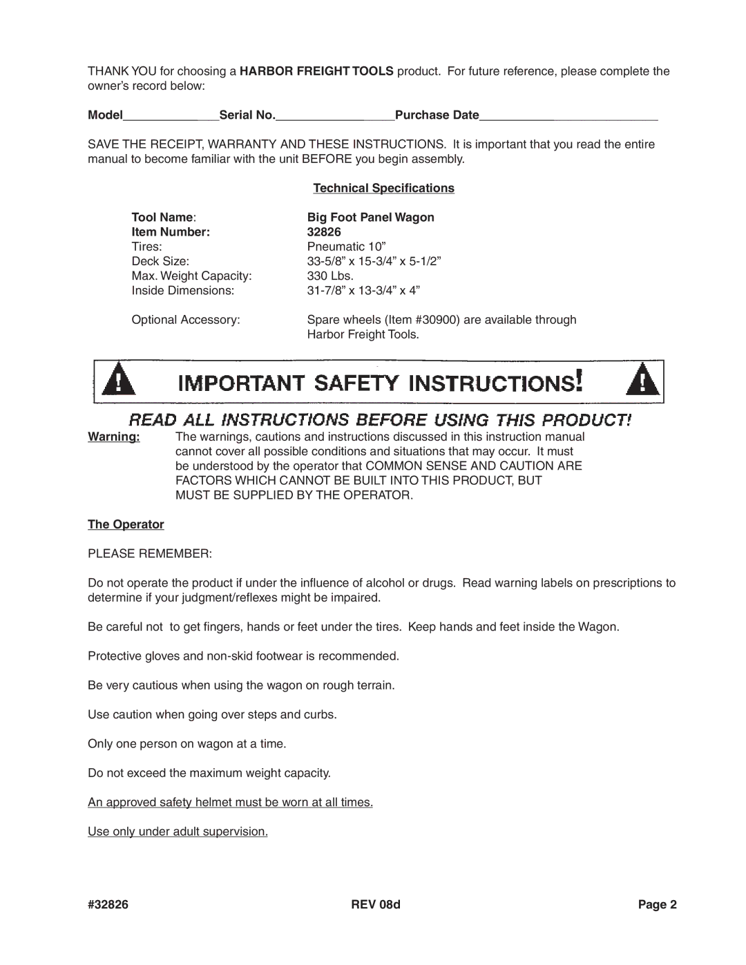 Harbor Freight Tools Model Serial No Purchase Date, Technical Specifications, Operator, #32826 REV 08d 