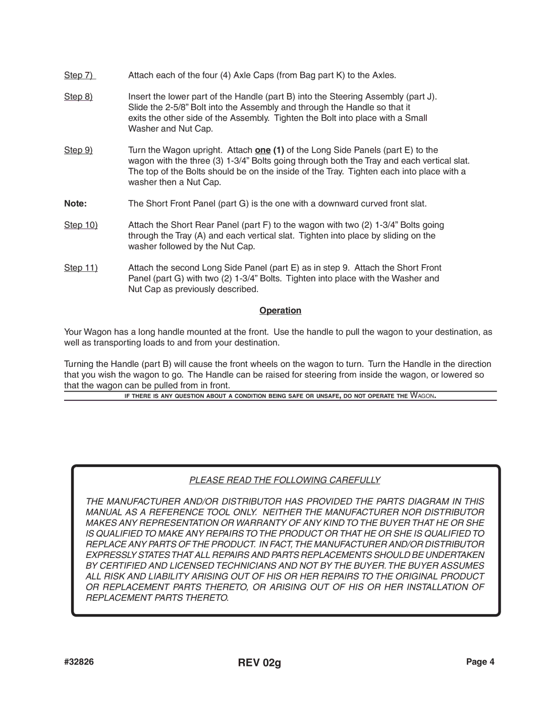 Harbor Freight Tools 32826 operating instructions REV 02g, Operation 