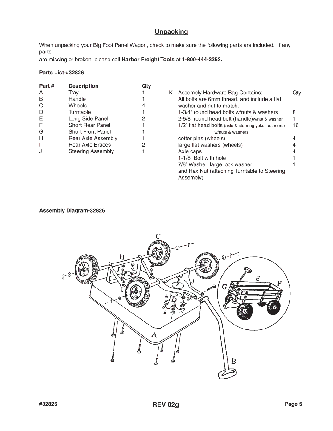 Harbor Freight Tools operating instructions Unpacking, Parts List-#32826 Description Qty, Assembly Diagram-32826 #32826 