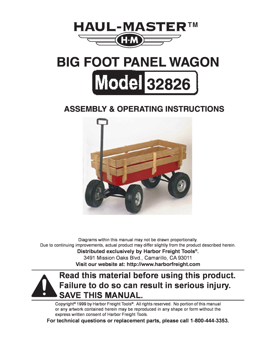 Harbor Freight Tools 32826 operating instructions Distributed exclusively by Harbor Freight Tools, Big Foot Panel Wagon 