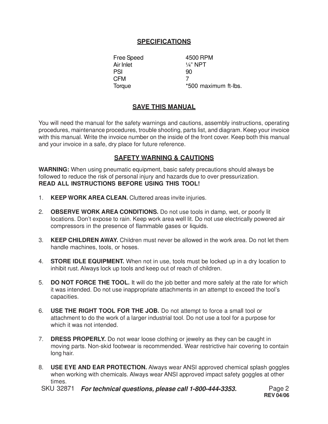 Harbor Freight Tools 32871 operating instructions Save this Manual, Read ALL Instructions Before Using this Tool 