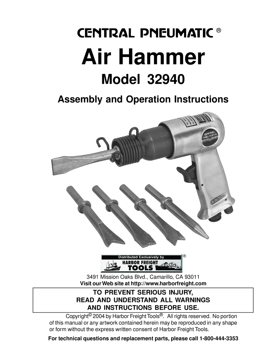 Harbor Freight Tools 32940 manual Air Hammer 