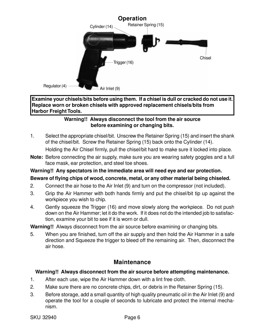 Harbor Freight Tools 32940 manual Operation, Maintenance 