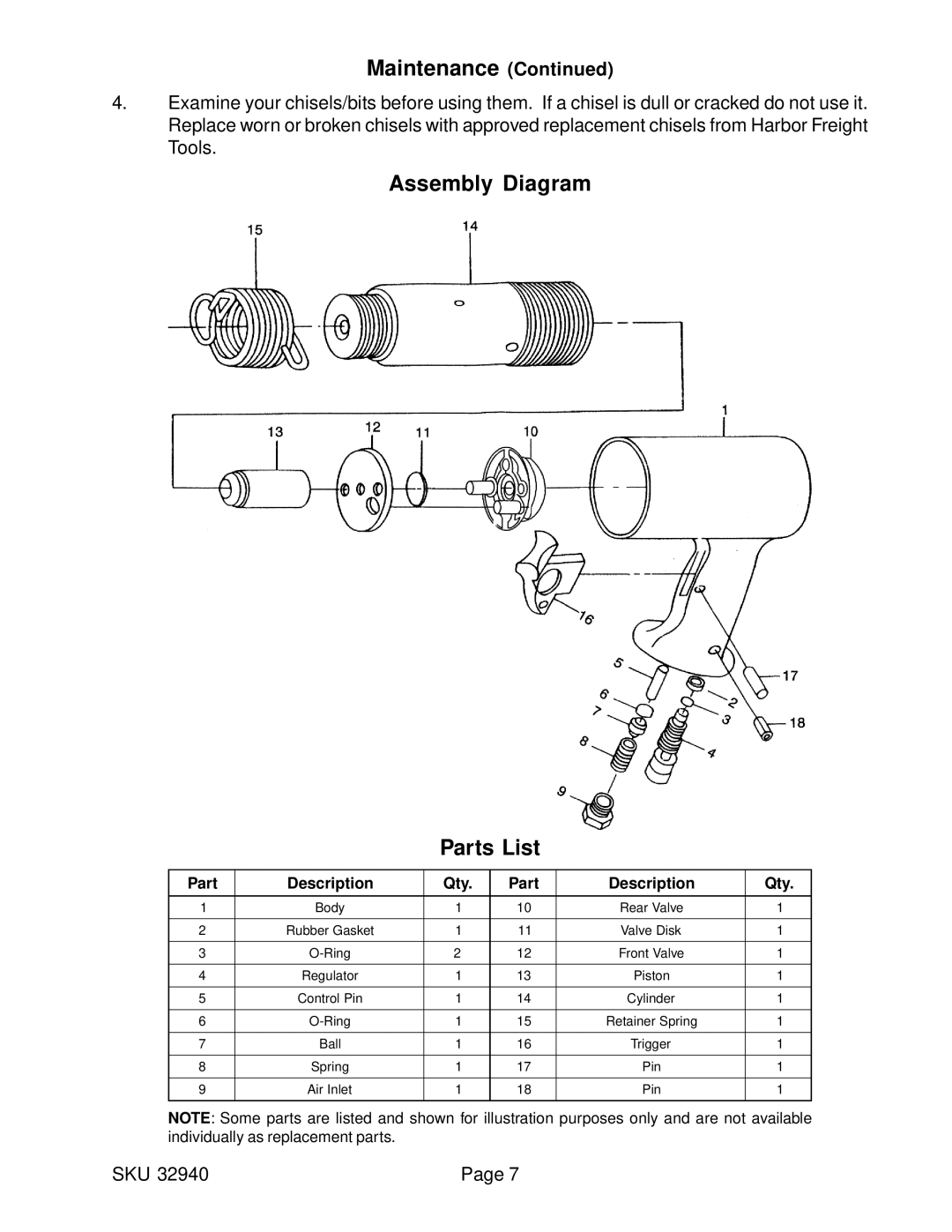 Harbor Freight Tools 32940 manual Assembly Diagram Parts List, Part Description Qty 