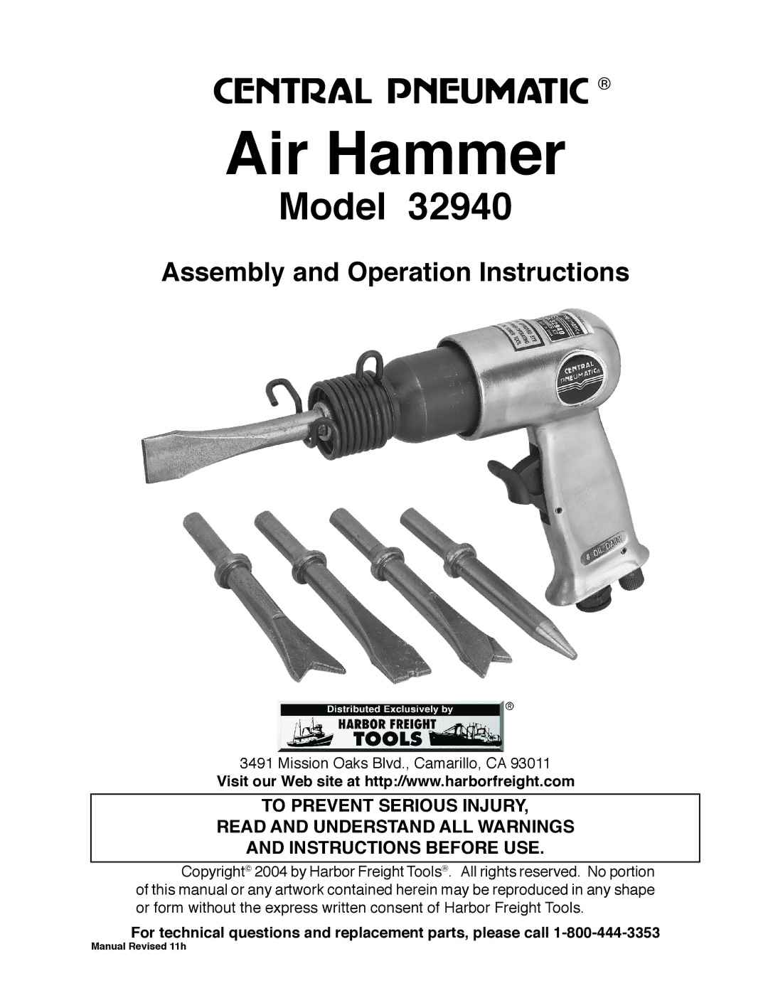 Harbor Freight Tools 32940 manual Air Hammer 