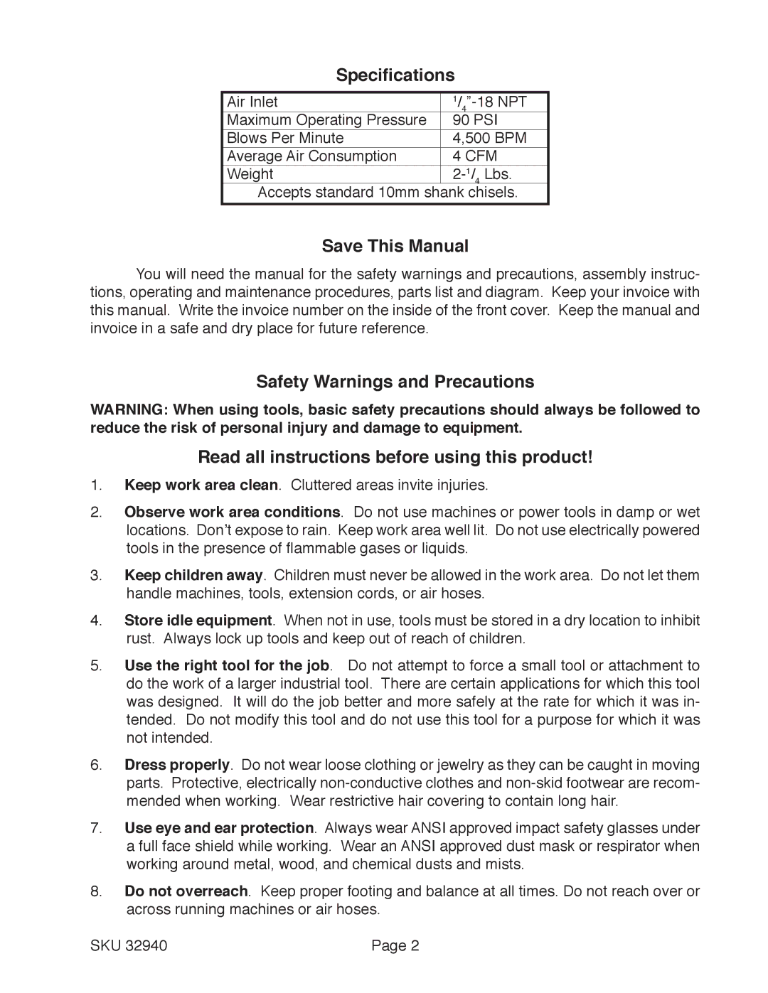 Harbor Freight Tools 32940 manual Specifications, Save This Manual 