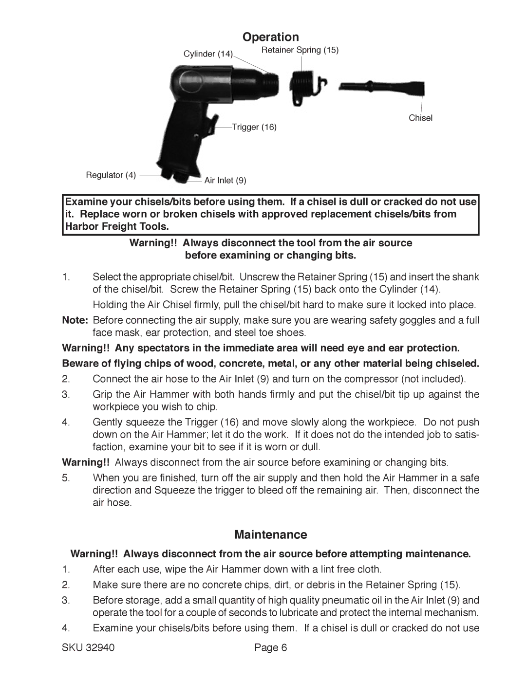 Harbor Freight Tools 32940 manual Operation, Maintenance 