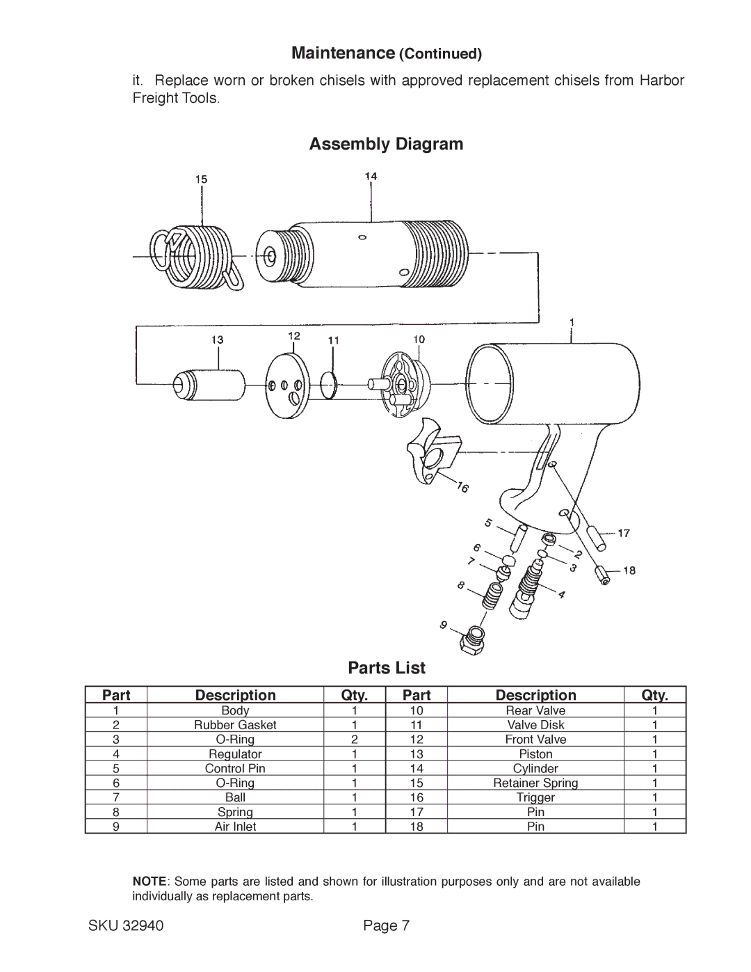 Harbor Freight Tools 32940 manual Assembly Diagram Parts List, Part Description Qty 