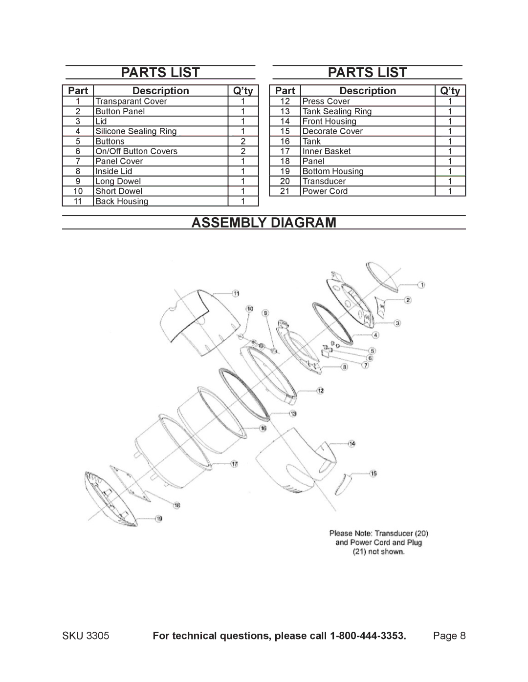 Harbor Freight Tools 3305 manual Parts List, Assembly Diagram, Part Description ’ty 