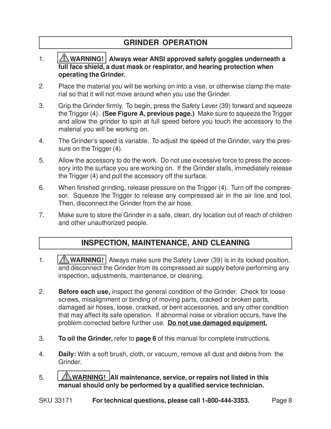 Harbor Freight Tools 33171 operating instructions Grinder Operation, INSPECTION, MAINTENANCE, and Cleaning 