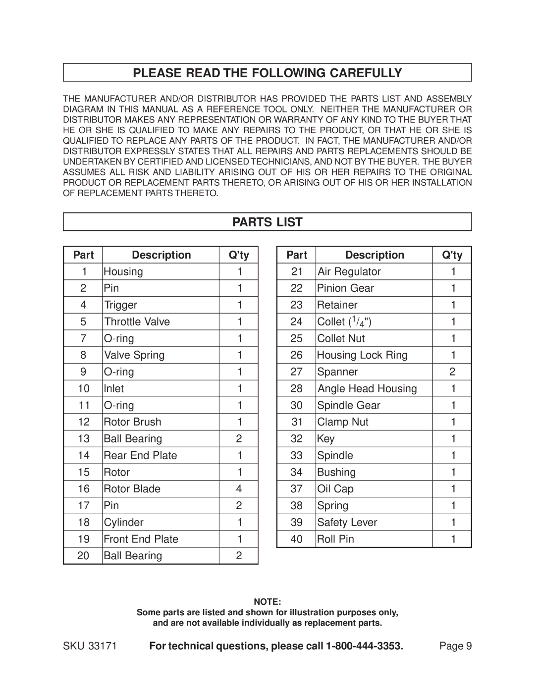 Harbor Freight Tools 33171 operating instructions Please Read the Following Carefully, Parts List, Part Description Qty 