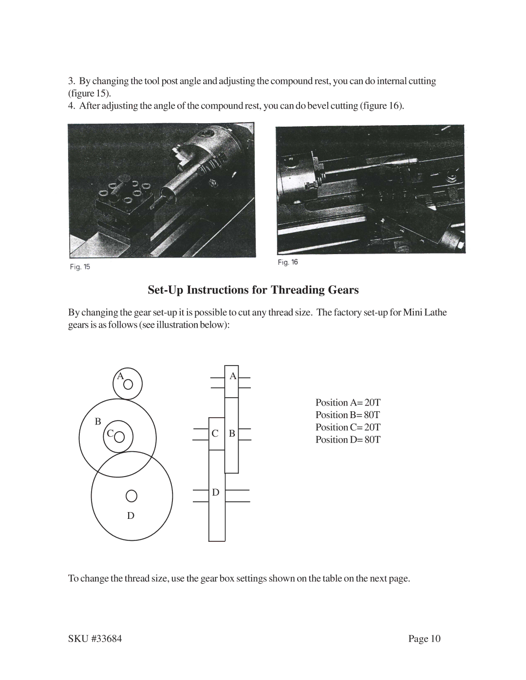 Harbor Freight Tools 33684 operating instructions Set-Up Instructions for Threading Gears 