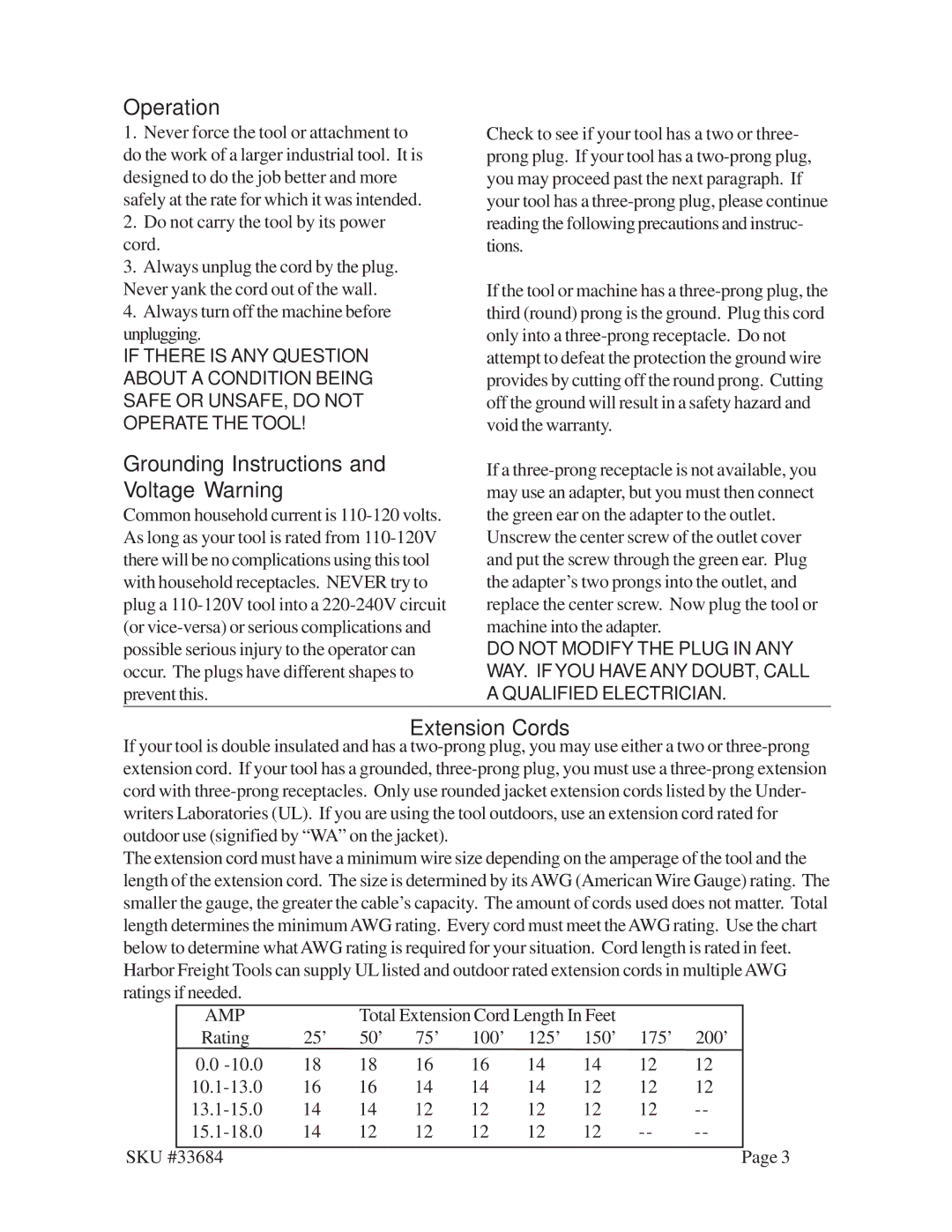 Harbor Freight Tools 33684 operating instructions Operation, Grounding Instructions, Voltage Warning, Extension Cords 