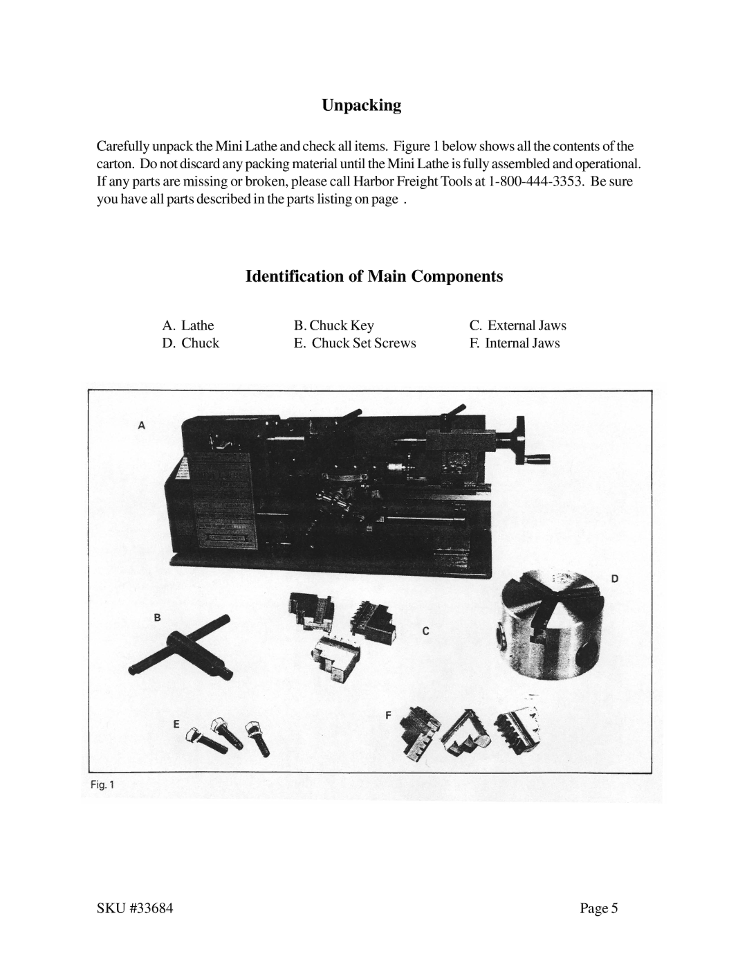 Harbor Freight Tools 33684 operating instructions Unpacking, Identification of Main Components 