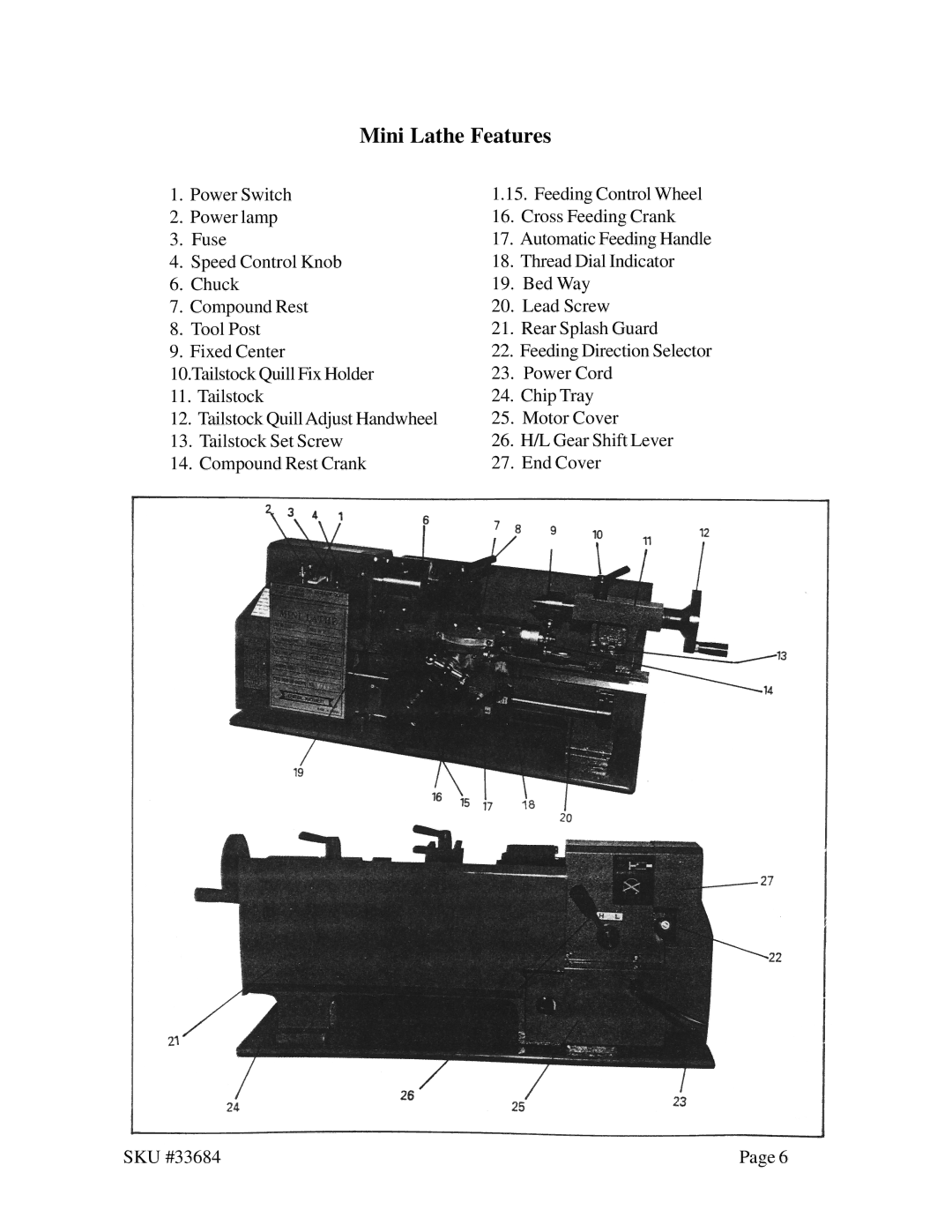 Harbor Freight Tools 33684 operating instructions Mini Lathe Features 