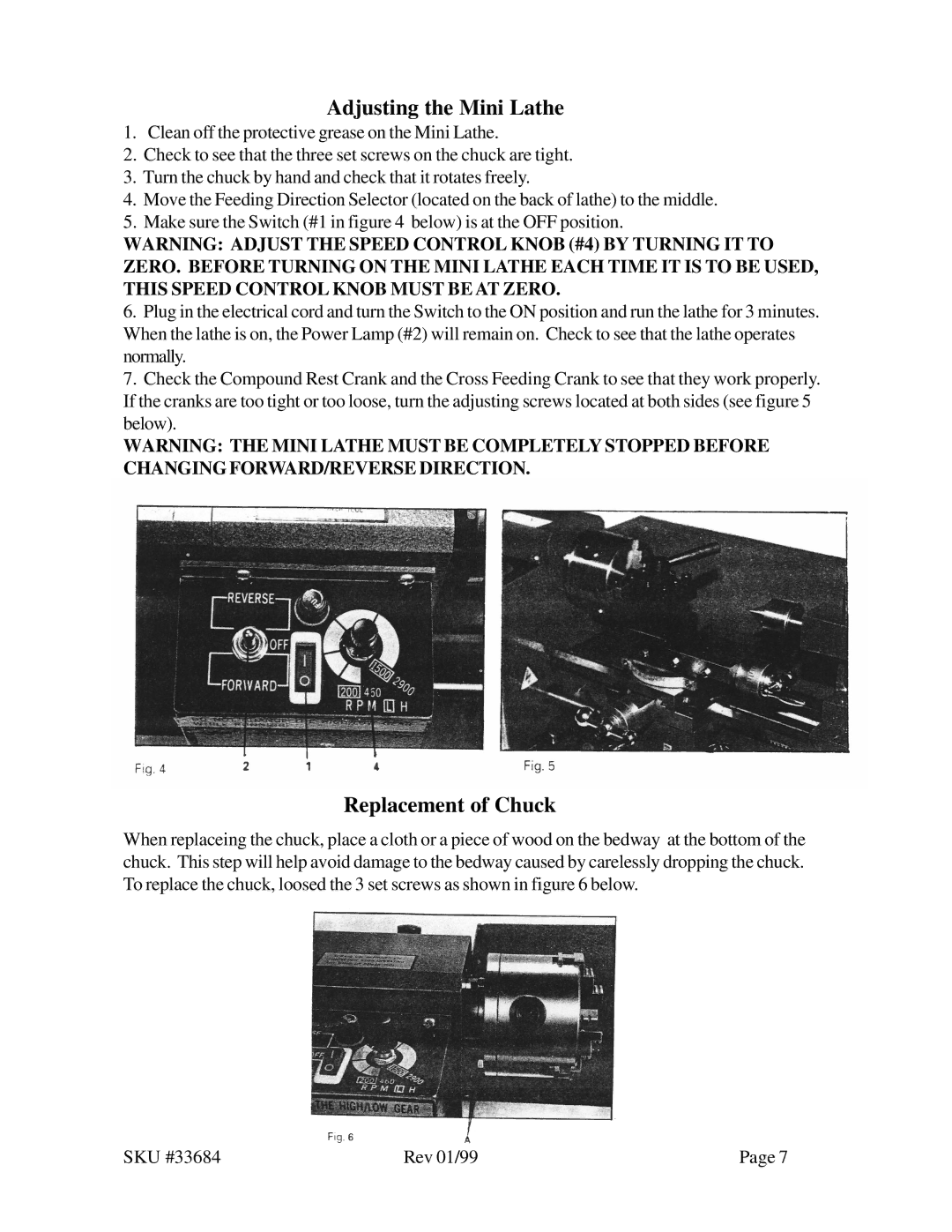 Harbor Freight Tools 33684 operating instructions Adjusting the Mini Lathe, Replacement of Chuck 