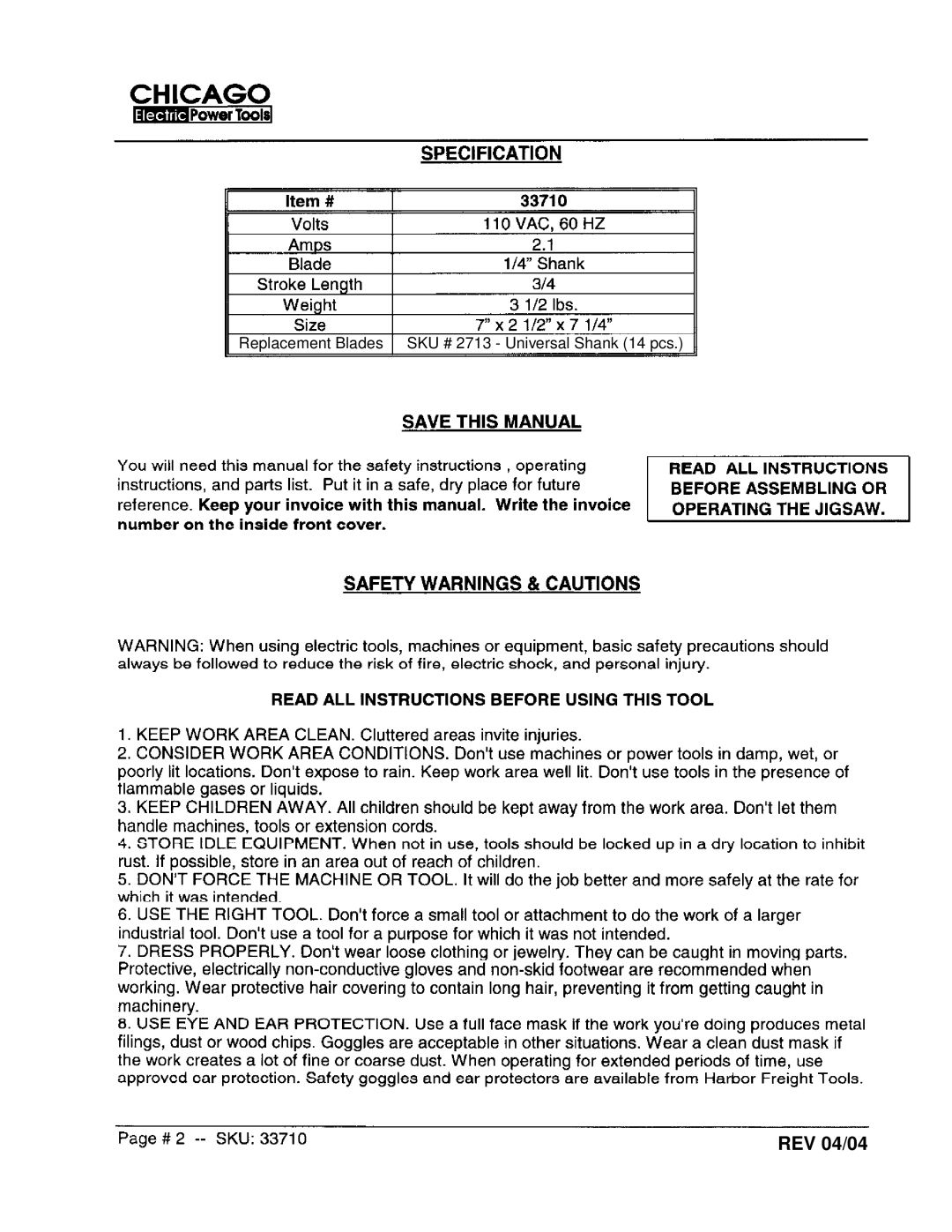 Harbor Freight Tools 33710 manual REV 04/04 