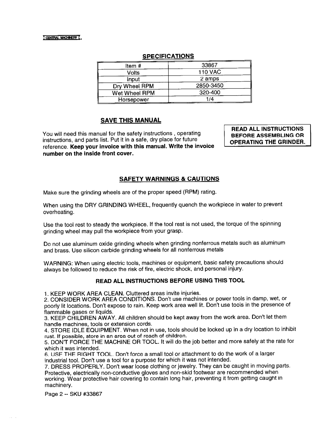 Harbor Freight Tools 33867 manual 