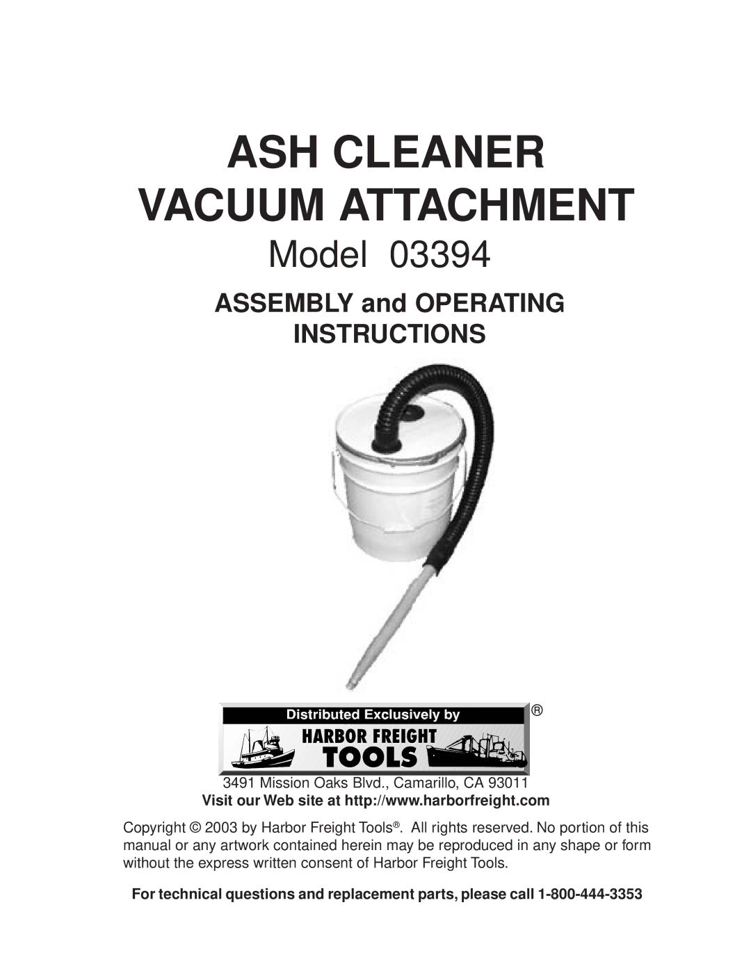 Harbor Freight Tools 3394 operating instructions ASH Cleaner Vacuum Attachment 