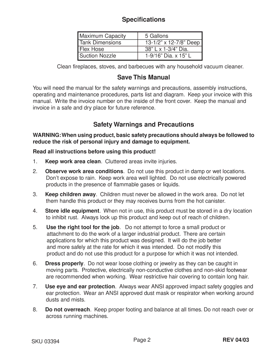 Harbor Freight Tools 3394 Specifications, Save This Manual, Safety Warnings and Precautions, REV 04/03 