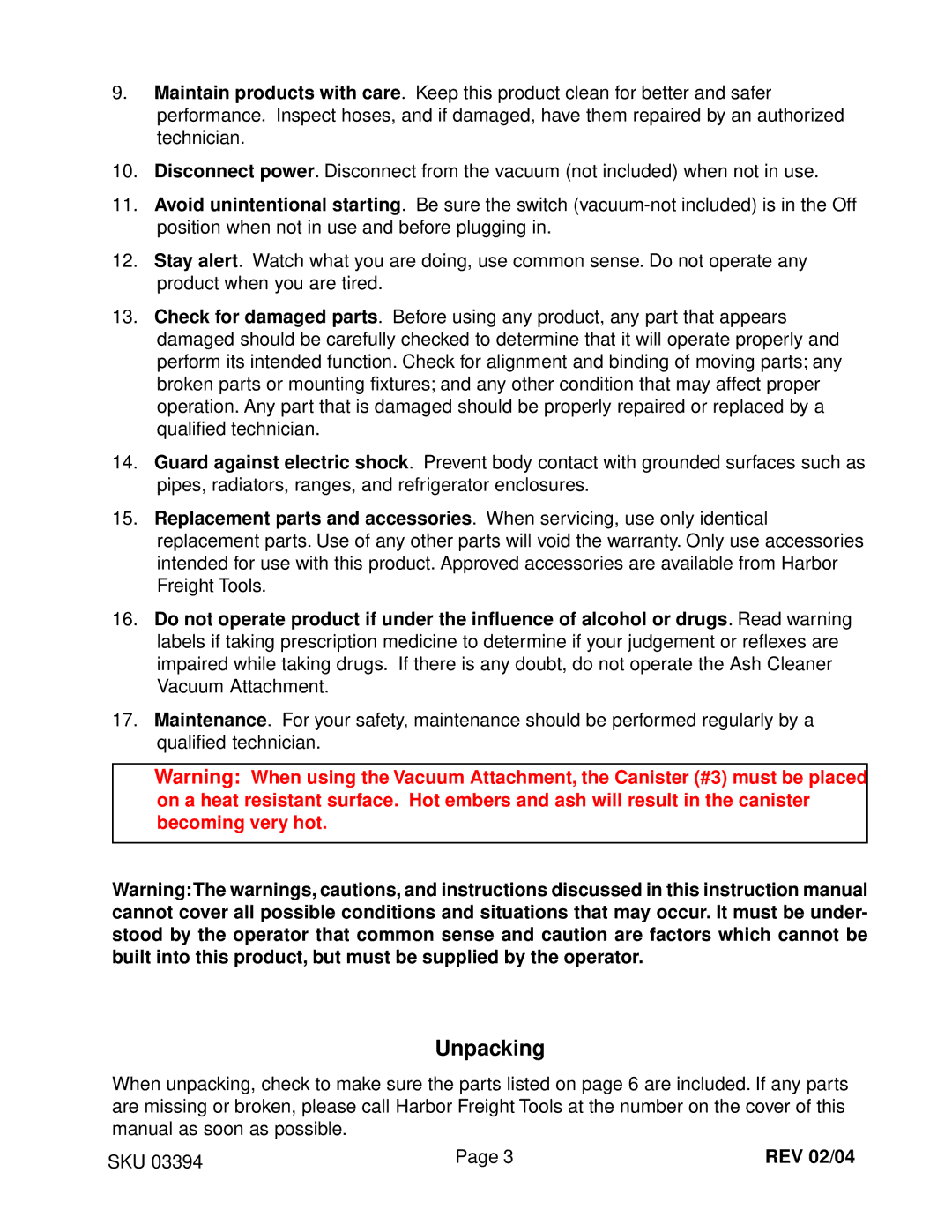 Harbor Freight Tools 3394 operating instructions Unpacking 