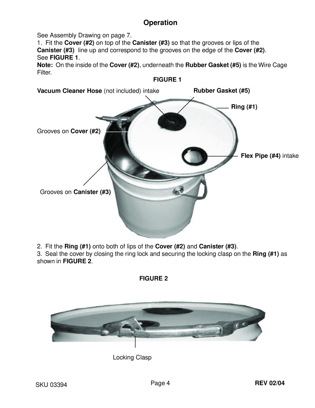 Harbor Freight Tools 3394 operating instructions Operation, Flex Pipe #4 intake Grooves on Canister #3, REV 02/04 