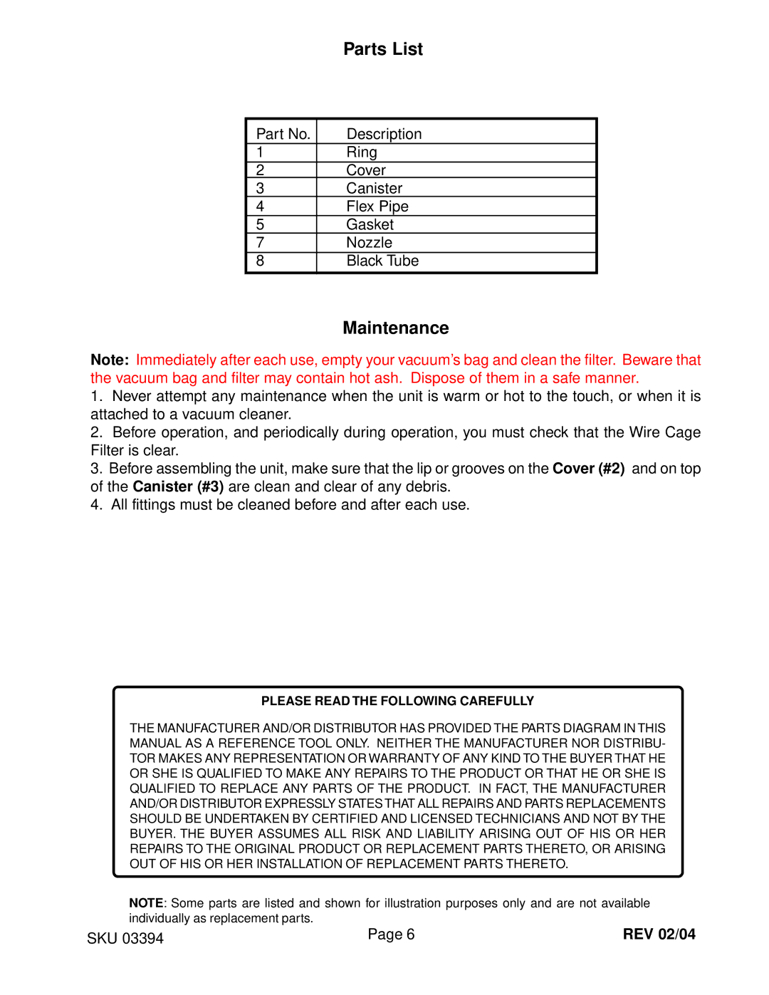 Harbor Freight Tools 3394 operating instructions Parts List, Maintenance 