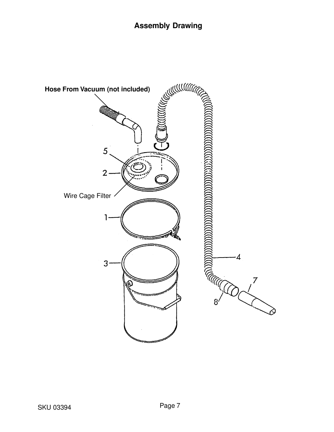 Harbor Freight Tools 3394 operating instructions Assembly Drawing, Hose From Vacuum not included 