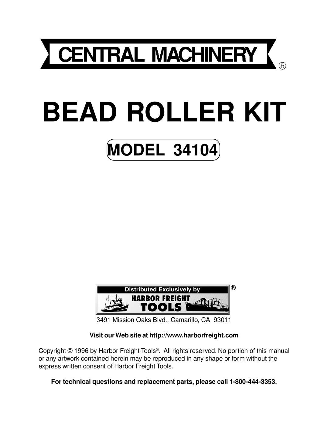 Harbor Freight Tools 34104 manual Bead Roller KIT 