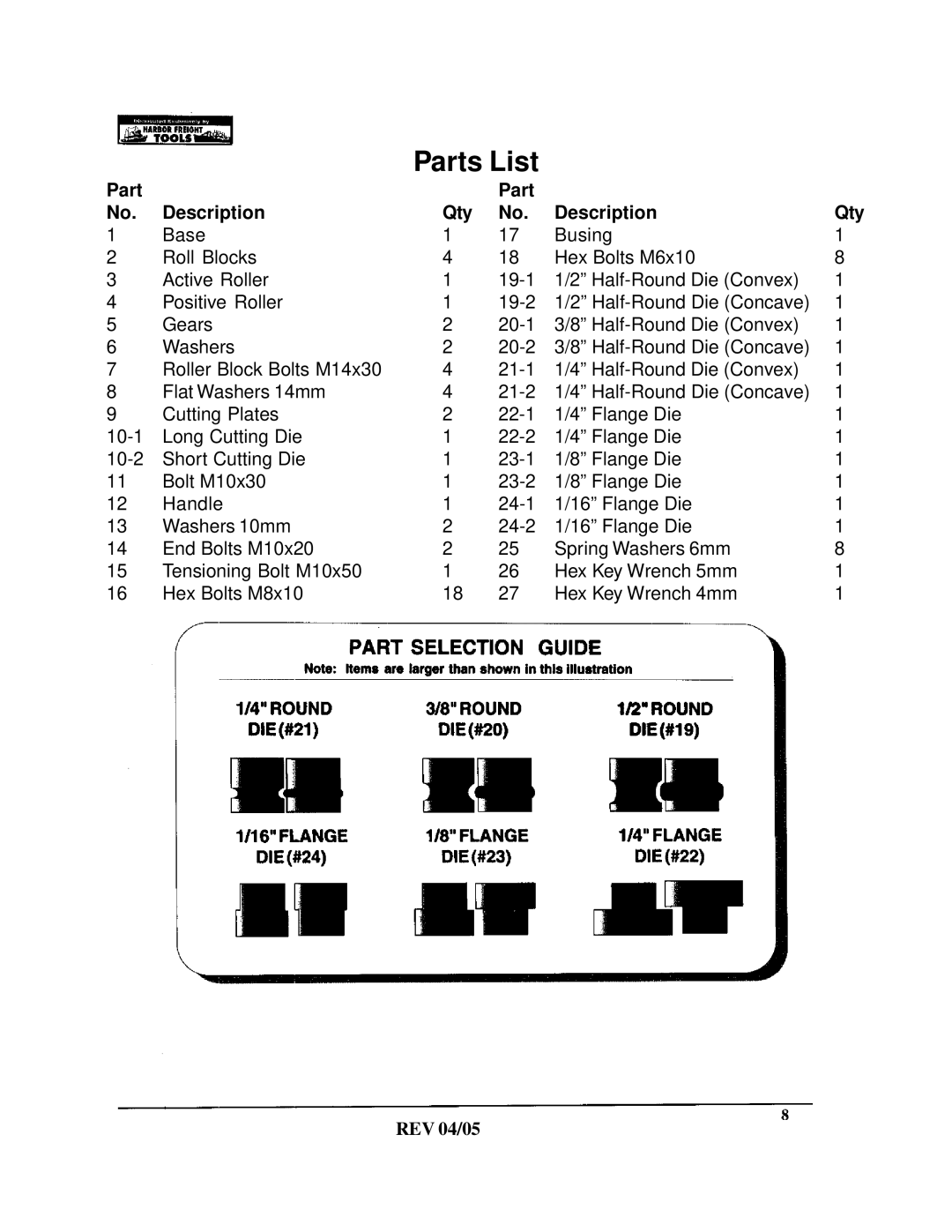 Harbor Freight Tools 34104 manual Parts List 