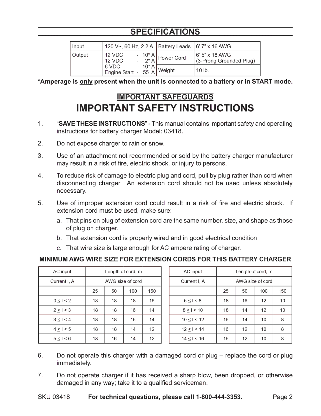 Harbor Freight Tools 3418 manual Specifications, Important Safeguards 