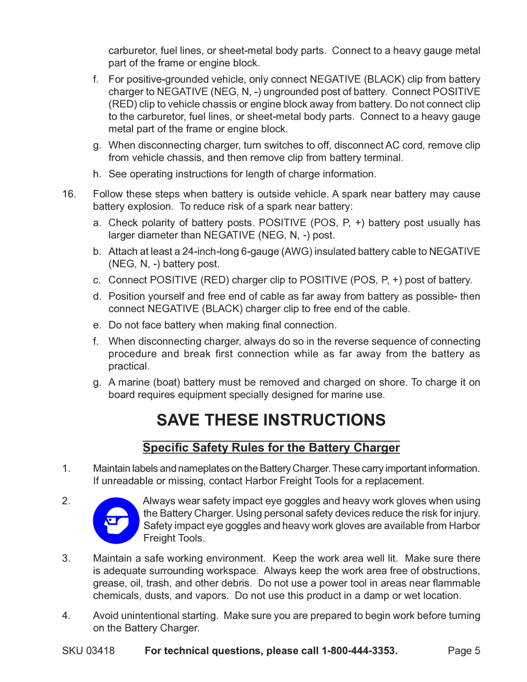 Harbor Freight Tools 3418 manual Specific Safety Rules for the Battery Charger 