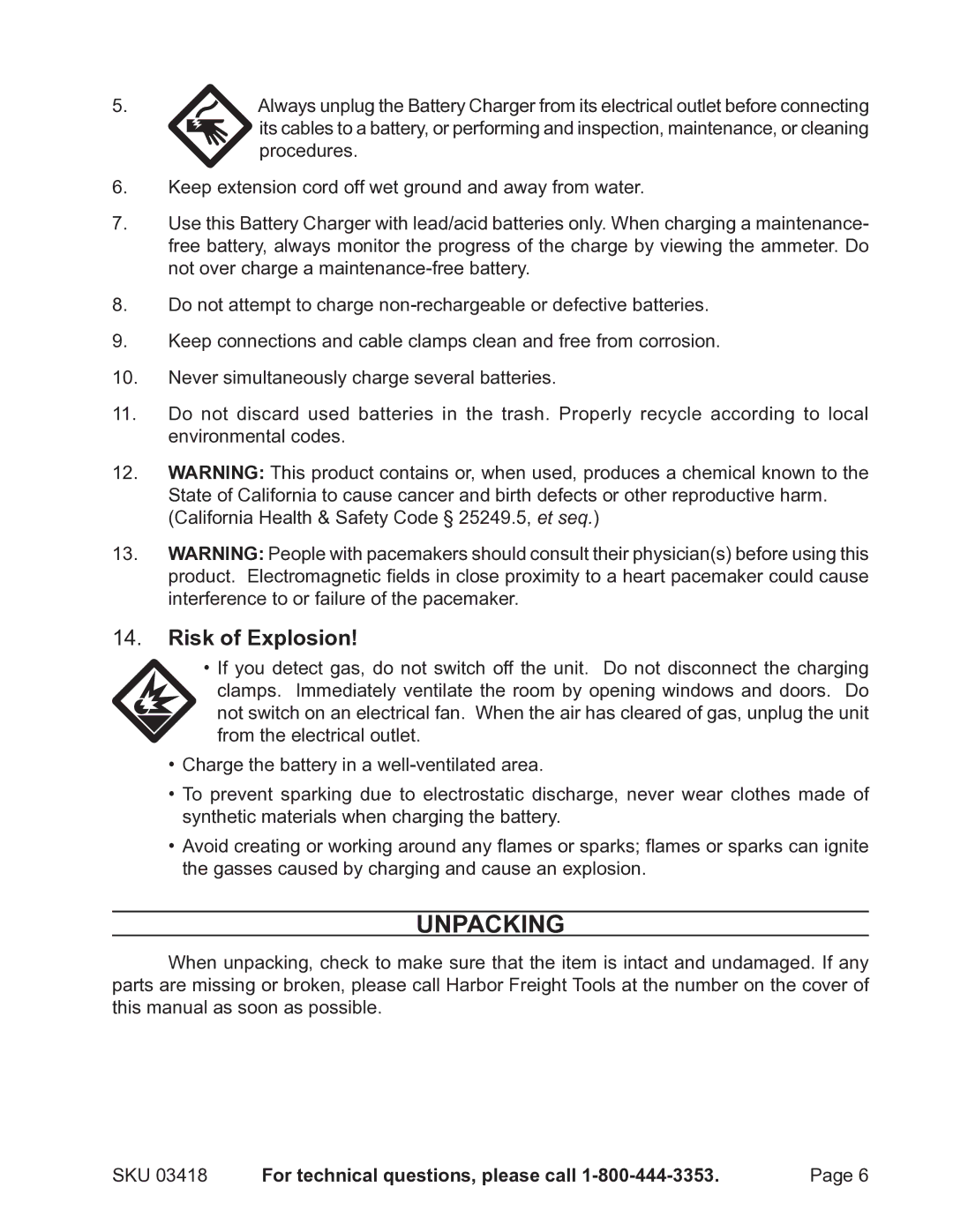 Harbor Freight Tools 3418 manual Unpacking, Risk of Explosion 