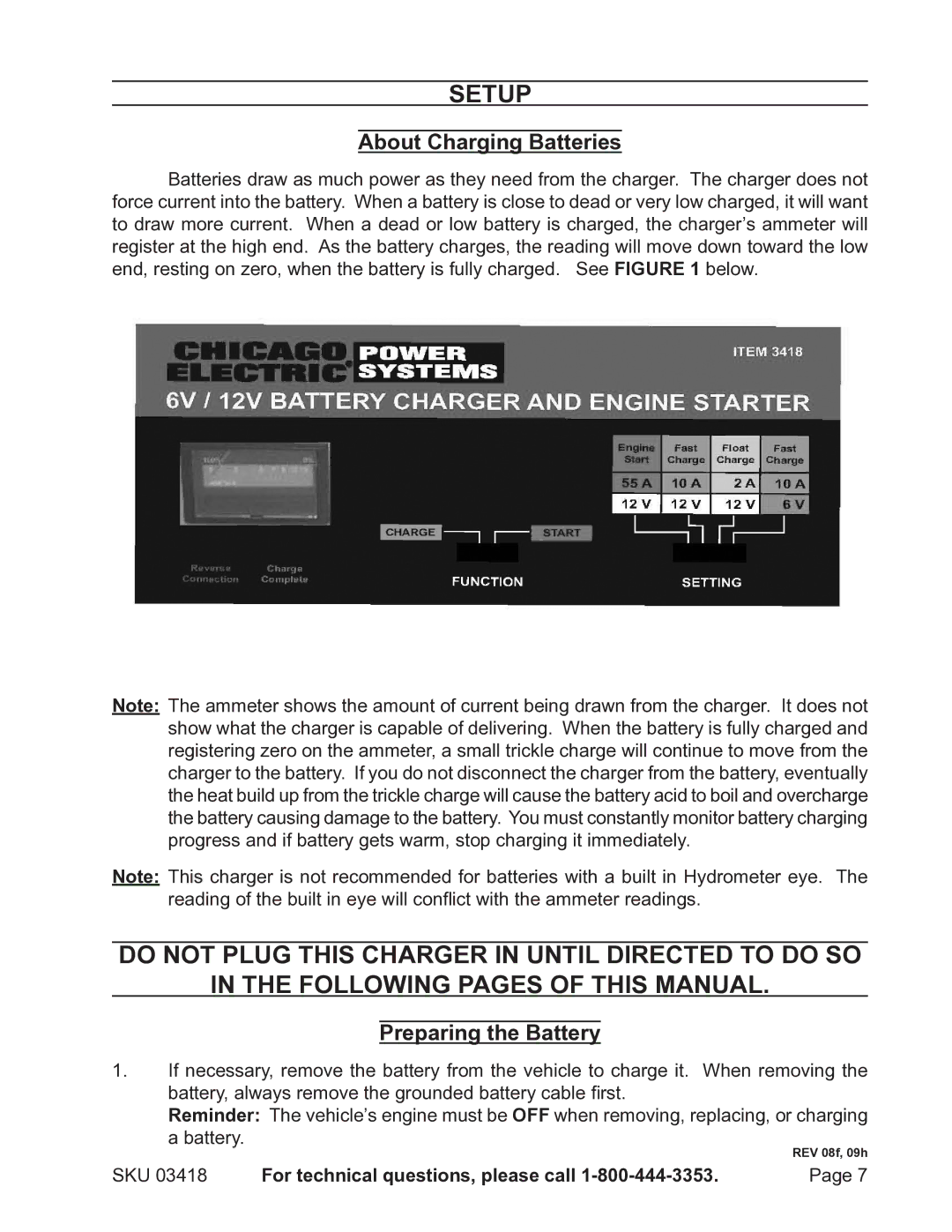 Harbor Freight Tools 3418 manual Setup, About Charging Batteries, Preparing the Battery 