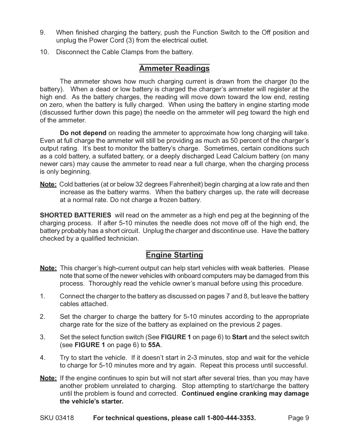 Harbor Freight Tools 3418 manual Ammeter Readings, Engine Starting 