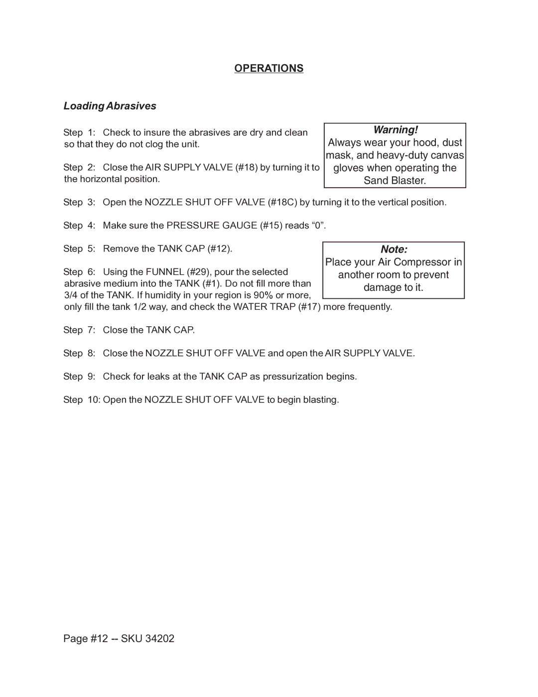 Harbor Freight Tools 34202 operating instructions Operations, Loading Abrasives, #12 -- SKU 