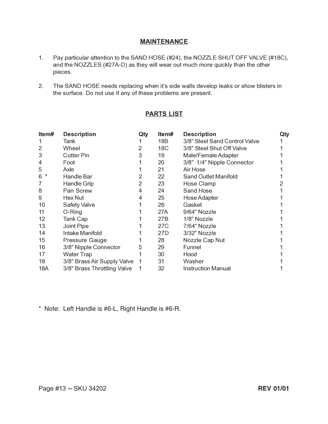 Harbor Freight Tools 34202 operating instructions Maintenance, Parts List, #13 -- SKU 