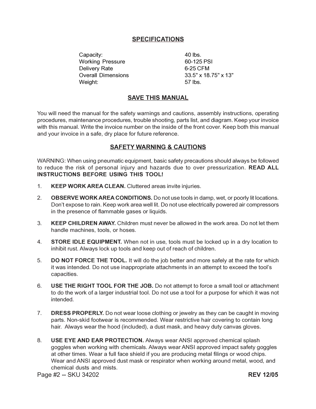 Harbor Freight Tools 34202 operating instructions Specifications, Save this Manual, Safety Warning & Cautions, #2 -- SKU 