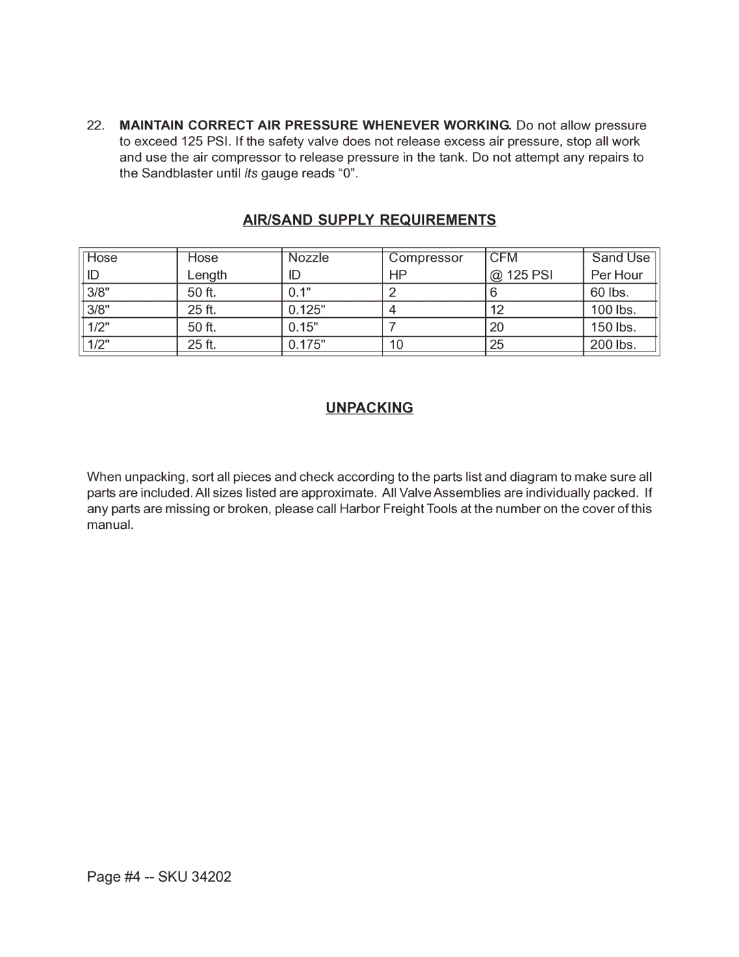 Harbor Freight Tools 34202 operating instructions AIR/SAND Supply Requirements, Unpacking, #4 -- SKU 