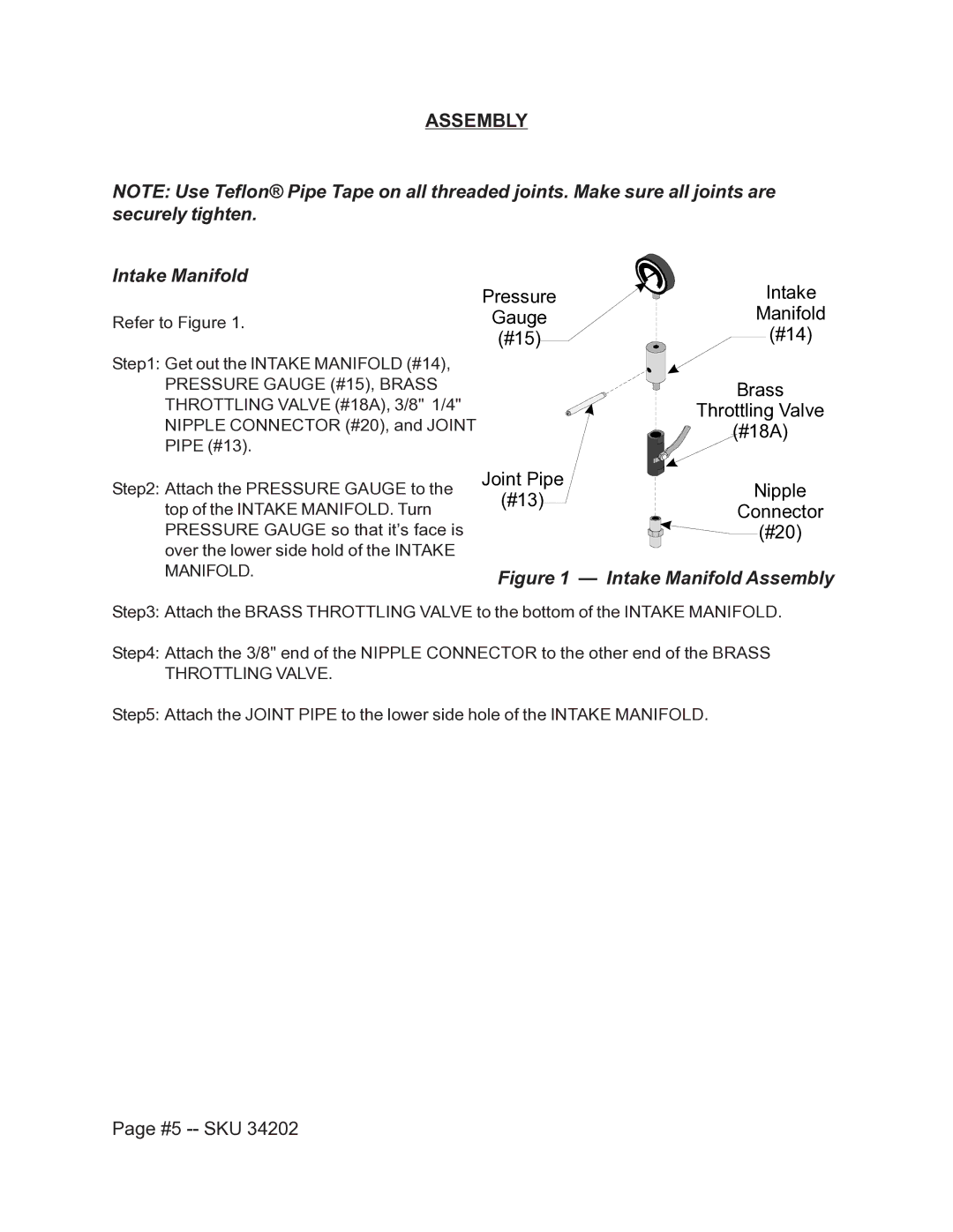 Harbor Freight Tools 34202 operating instructions Assembly, Intake Manifold, #5 -- SKU 